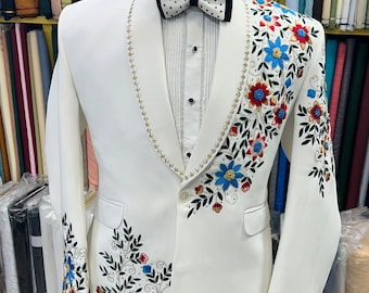 Floral ivory embroidered tuxedo, pearl black tuxedo, proms tuxedo, groom tuxedo, custom made tuxedo, all sizes custom tuxedo