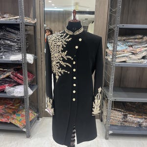 Handmade black embroidered sherwani, golden black sherwani, wedding sherwani, groom sherwani, custom made sherwani, all sizes custom