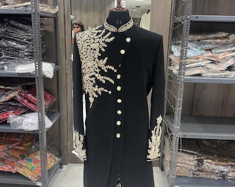 Handmade black embroidered sherwani, golden black sherwani, wedding sherwani, groom sherwani, custom made sherwani, all sizes custom