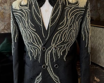 black and gold embroidered tuxedo, pearl ehite tuxedo, proms tuxedo, groom tuxedo, custom made tuxedo, all sizes custom