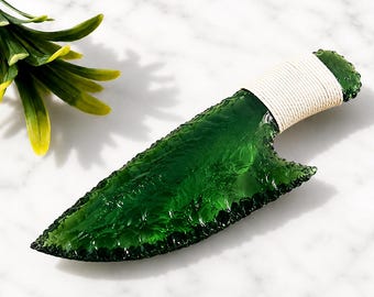 Handmade Green Obsidian Crystal Dagger Knife, Knapped Stone Blade, Primitive Flint Knife, Crystal Ritual Tool, Pagan Altar Decor