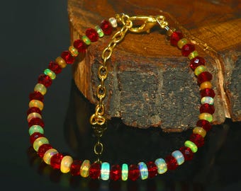 Natural Ethiopian Opal Rondelle Beaded Bracelet, Welo Fire Gemstone Jewelry Gift for Her
