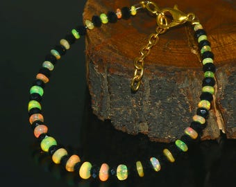 Natural Ethiopian Opal Bracelet, Dainty Rondelle Beaded Opal Jewelry, October Birthstone, Gift for Her