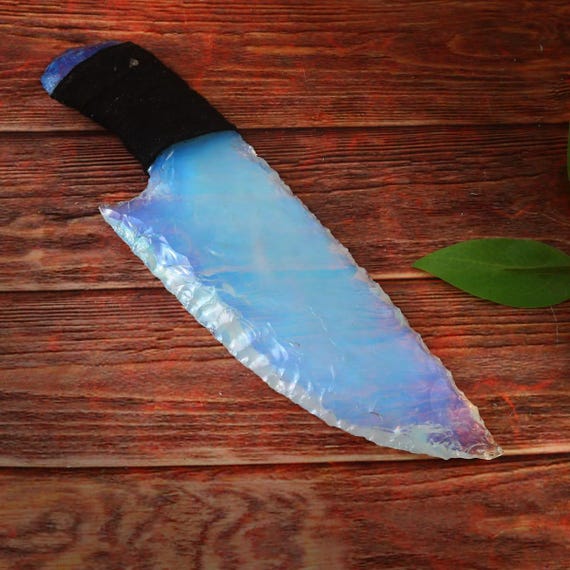 New Hand Knapped Opalite Crystal Athame Black Dager Knife: Meditation, Chakra Healing