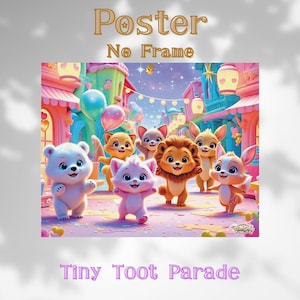 Niedliches Tierparade-Poster – Verspielter Pastell-Kunstdruck (ungerahmt) | Tierbaby-Wanddekoration für Kinderzimmer und Babyzimmer | 8×10 / 12×16 / 18×24