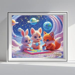 WhimsyPaw Space Puzzle – Cute Baby Bunny, Cat & Fox Jigsaw | Kawaii Galaxy Fantasy Art | 120 / 252 / 500 Pieces | 20% OFF