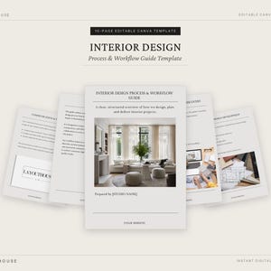 May include: A 10-page editable Canva template for an interior design process and workflow guide. The document features a neutral color palette, serif typography, and layout sections for project discovery, communication, and design development.