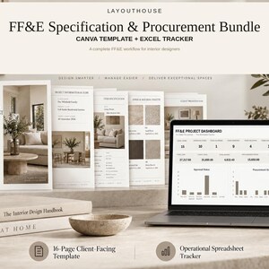 May include: A digital FF&E Specification & Procurement Bundle featuring a Canva template and Excel tracker. The display includes printed document pages, a laptop showing an FF&E Project Dashboard, and two books titled The Interior Design Handbook and AT HOME.