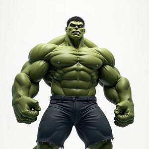 May include: A green, muscular figure with a serious expression, wearing dark blue shorts. The character is posed with clenched fists, displaying a powerful stance against a white backdrop.