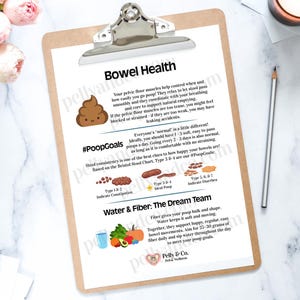 Pode incluir: Uma prancheta com um guia impresso sobre a saúde intestinal, com texto e ilustrações. O guia inclui informações sobre a consistência das fezes, água e ingestão de fibras para uma saúde digestiva ideal. O texto inclui a hashtag #PoopGoals.