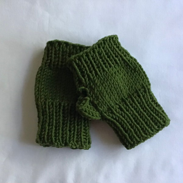 Fingerless mittens/hand-warmers for child, knitted in beautiful olive green merino wool