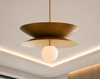 Modern Brass Pendant Light, Mid Century Modern Hanging Lamp, Scandinavian Opal Globe Ceiling Light, Kitchen Island Chandelier
