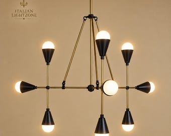 Mid Century Modern Brass Sputnik Chandelier, Geometric Ceiling Light, Black Cone Shades, 9-Light Adjustable Rod
