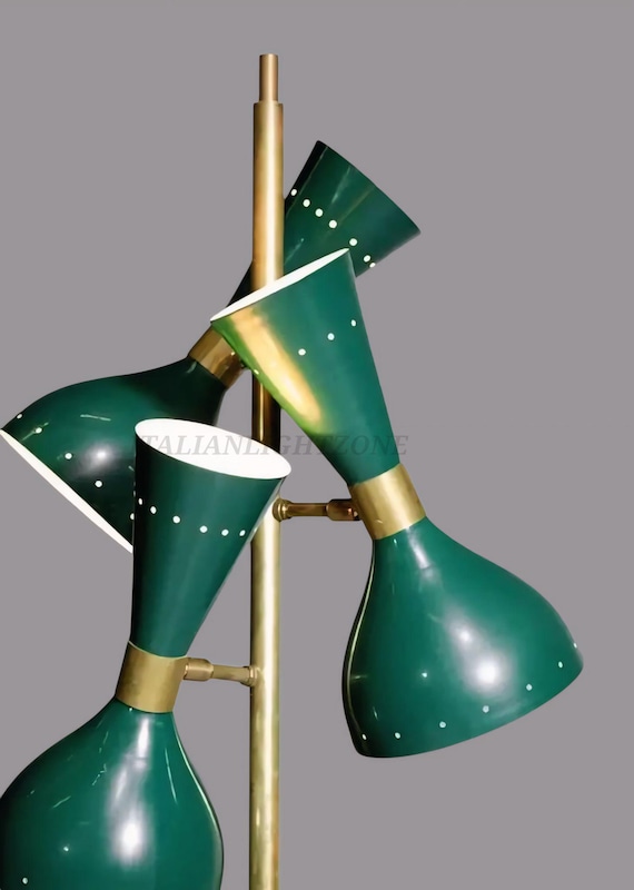 A hand-crafted Stilnovo-style brass and green floor lamp that looks like it was smuggled out of a 1960s Milanese design studio — real vintage soul, not a replica knockoff.