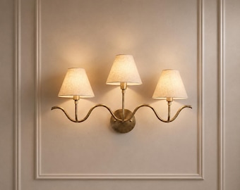 Mid Century Modern Brass Wall Sconce, 3 Light Antique Brass Wall Lamp, Curved Arm Wall Light, Luxury Bedroom Hallway Fixture