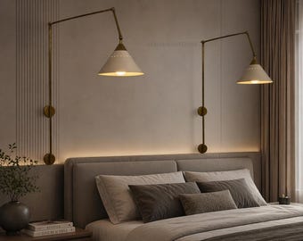 Modern Adjustable Brass Swing Arm Wall Lamp with Dual Cone Shades – Mid Century Industrial Sconce Lighting Fixture for bedroom & living room