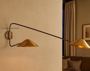 Handmade Brass Double Arm Wall Sconce – Mid Century Modern Swing Arm Light – Diabolo Style Wall Lamp for Living Room & Bedroom