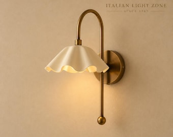 Vintage Brass Scalloped Wall Sconce | Mid Century Modern Wall Light | Cream Ruffle Shade | Bathroom Vanity & Bedside Lamp