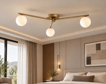 Modern Brass 3-Light Globe Ceiling Light Opal Flush Mount Fixture Minimalist Mid Century Ceiling Lamp, Bedroom Dining Room Foyer Light
