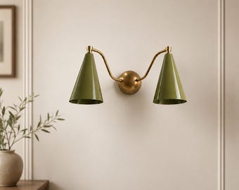 Mid Century Modern Brass Wall Sconce, Olive Green Double Cone Wall Light, Italian Wall Lamp, Bedroom Vanity Hallway Lighting
