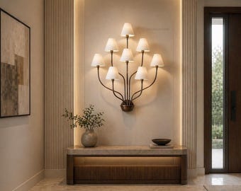 Handmade Mid Century Modern Brass Sconce, White Fabric Shade Wall Light