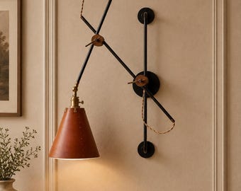 Mid Century Modern Wall Sconce Adjustable Swing Arm Wall Lamp, Rust Brown Metal Shade, Black Wall Light, Bedroom Reading Lamp, Italian Style