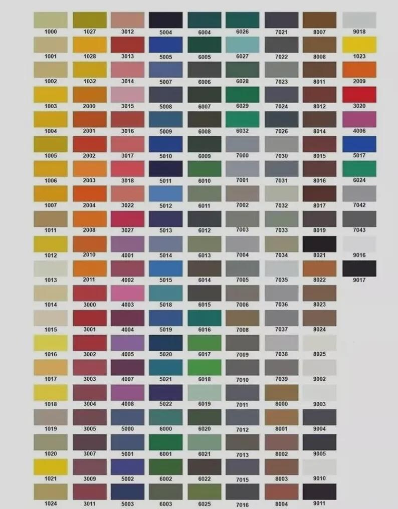 Pode incluir: Um gr&aacute;fico de cores com uma grade de amostras de tinta, cada uma com uma cor &uacute;nica e um n&uacute;mero de quatro d&iacute;gitos correspondente. As cores variam de amarelos e laranjas claros a azuis e verdes profundos.