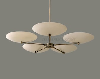Handmade 5-Light Ceiling Chandelier – Mid Century Dining Room Pendant Fixture, Minimalist Brass Disc Ceiling Light for Kitchen & Living Room
