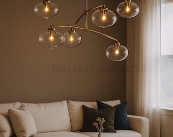 Mid Century Modern Brass Chandelier 6 Light Glass Globe Ceiling Pendant 1950s Style Vintage Home Décor Lighting Fixture Pendant Home Decor