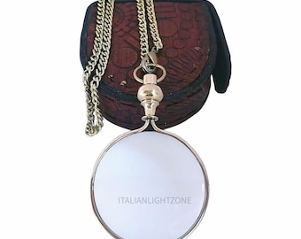 Handgjort halsband med förstoringsglas från 90-talet – Vintage-hänge i guldfärg med kedja och fodral – Steampunk-presentsmycken för läsare