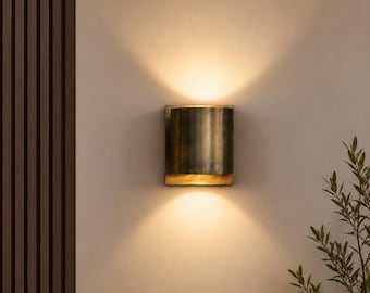 Modern Brass Wall Sconce | Gold Up Down Wall Light | Cylinder Wall Lamp | Minimalist Bedroom Hallway Bathroom Lighting Fixture