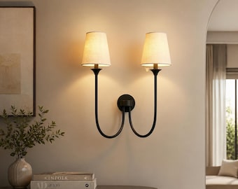 Modern Double Wall Sconce, Black 2 Light Wall Lamp, Mid Century Bedroom Wall Light, Bedside Hallway Lighting Fixture