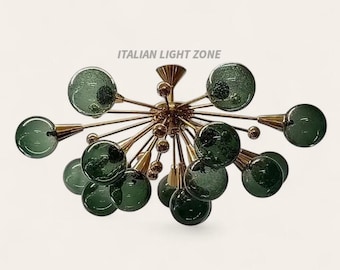 Mid Century Modern Brass Green Glass Chandelier | Italian Stilnovo Sputnik 14 Globe Ceiling Light | 1920s Art Deco Murano Lighting