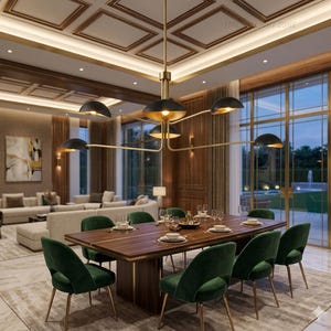 Pode incluir: Uma luxuosa sala de jantar com uma mesa de jantar de madeira escura com detalhes dourados, rodeada por oito cadeiras de veludo verde. Um lustre moderno com tons pretos e dourados paira sobre a mesa. Grandes janelas oferecem uma vista do exterior.