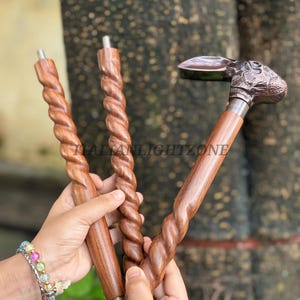 Handmade Wooden Walking Cane with Brass Rabbit Head Handle Spiral Carved Vintage Walking Stick Personalized  for Men & Women Unique Gift
