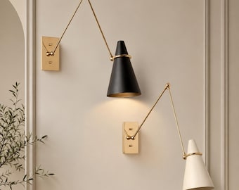 Brass Swing Arm Wall Sconce Set of 2, Mid Century Modern Adjustable Bedside Reading Light, Italian Stilnovo Wall Lamp