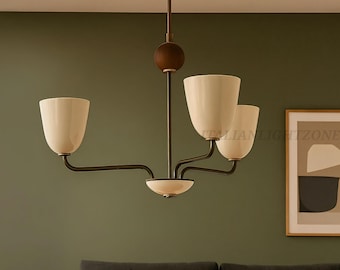 Mid Century Modern Brass Chandelier, 3 Light Scandinavian Ceiling Light, Nordic Pendant Lamp, Minimalist Dining Room Fixture
