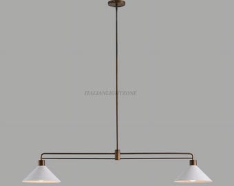 Mid Century Modern 2-Light Brass Pendant Chandelier | Adjustable Linear Ceiling Light for Kitchen Island, Dining Room, Minimalist Design
