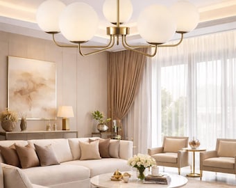 Mid Century Modern 5 Light Globe Chandelier, Brass Sputnik Linear Pendant, Frosted Ceiling Light Fixture for living room & Entryway