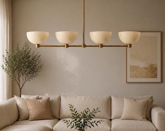 Mid Century Modern Brass Linear Chandelier – 4 Light Kitchen Island Pendant, Minimalist Bowl Shade Ceiling Light, Modern Dining Room Fixture