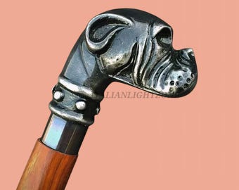 Handmade Vintage Brass Dog Head Walking Cane – Victorian Wooden Walking Stick, Antique Decorative Cane for Dog Lovers, Collectible Gift