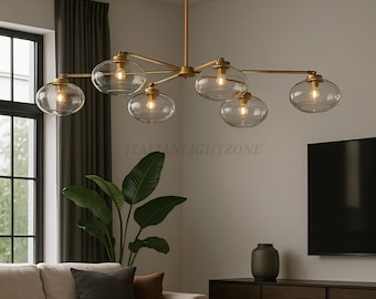 1950s Mid Century Modern Antique Brass Chandelier - Italian 6 Light Globe Ceiling Lamp for Dining Room or Kitchen