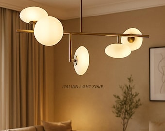 Mid Century Sputnik Chandelier – 5-Light Raw Brass Pendant with Glass Globe Shades – Retro Ceiling Light for Bedroom & Dining Room