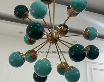 1950s Mid Century Modern Brass Green Glass Sputnik Chandelier | Atomic Starburst Globe Ceiling Light | Italian Retro Pendant Lighting