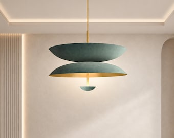 Modern Layered Green Pendant Light, Mid Century Brass Hanging Lamp, Scandinavian Designer Ceiling Light, Luxury Dining Room Chandelier