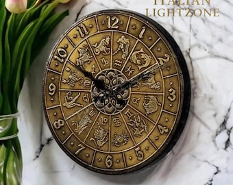 Vintage Zodiac Wall Clock – Handmade Brass & Wood Astrology Clock – Antique Horoscope Wall Decor – Celestial Timepiece – Spiritual Home