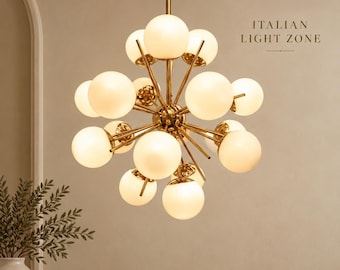 Mid Century Italian Sputnik Chandelier, 18 Murano Glass Globes Brass Atomic Ceiling Light, 1950s Retro Pendant for Dining Room & Living Room