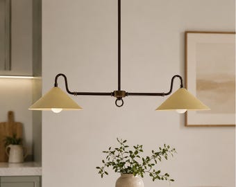 Mid Century Modern 2 Light Linear Pendant Chandelier, Cream Cone Metal Shade Ceiling Light, Scandinavian Kitchen Island Lighting Fixture