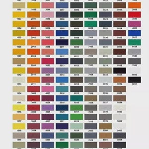 May include: A color chart featuring a grid of various paint colors, each with a unique numerical code. The palette includes a wide range of hues, from light yellows and oranges to deep blues and greens, ideal for paint selection.