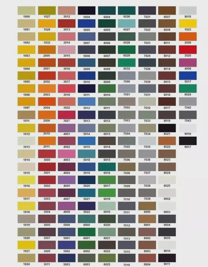 May include: A color chart featuring a grid of various paint colors, each with a unique numerical code. The palette includes a wide range of hues, from light yellows and oranges to deep blues and greens, ideal for paint selection.